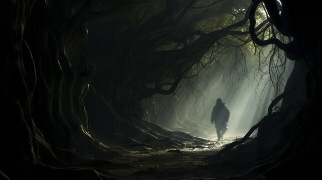 A mysterious black silhouette in a gloomy and dark forest thicket among twisted trees. High quality photo