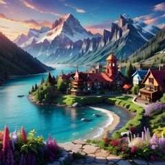 Fantasy landscape of unreal house in mountain valley by river with colorful flower garden. Rural...