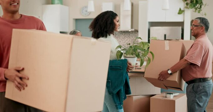 Help, moving and happy with family in new home for property, investment and real estate. Future, support and boxes with people and boxes in living room for apartment, mortgage and growth together