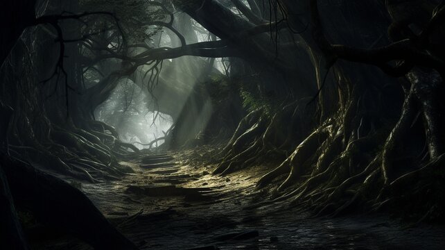 A mysterious black silhouette in a gloomy and dark forest thicket among twisted trees. High quality illustration