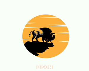 bison at hill sun background logo design template illustration inspiration