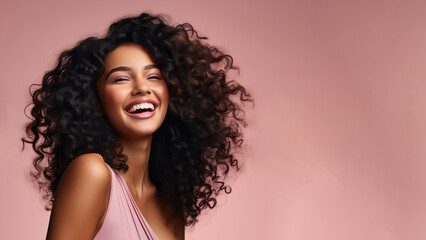 Beautiful afro-american girl with curly long hair, Treatment, care and spa procedures. - obrazy, fototapety, plakaty