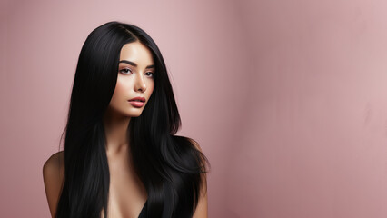 Naklejka premium Beautiful girl with long black hair, Treatment, care and spa procedures.