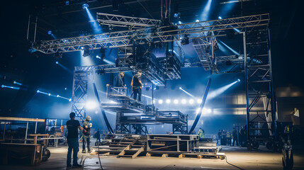 A Live stage production being built in a center stage type venue. Stage rigging equipment, lighting trusses, stairs and PA systems being carried in
