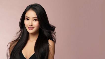 Naklejka premium Beautiful girl with long black hair, Treatment, care and spa procedures.