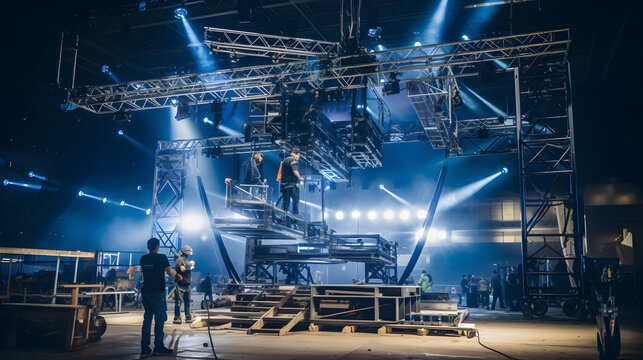 A Live stage production being built in a center stage type venue. Stage rigging equipment, lighting trusses, stairs and PA systems being carried in
