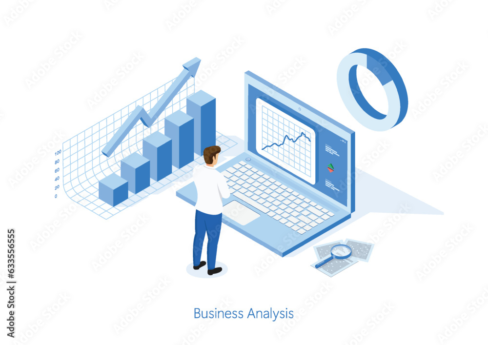 Poster isometric business man working for data analytics and monitoring on web report dashboard monitor and