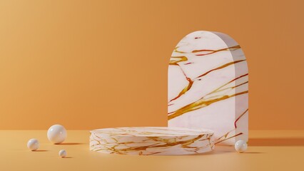 Minimal yellow Marble Podium Stone, Summer Template Pedestal Display Abstract Background 3d Rendering