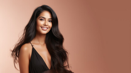 Beautiful girl with long straight black hair, young adult haircare treatment, shampoo, cosmetic