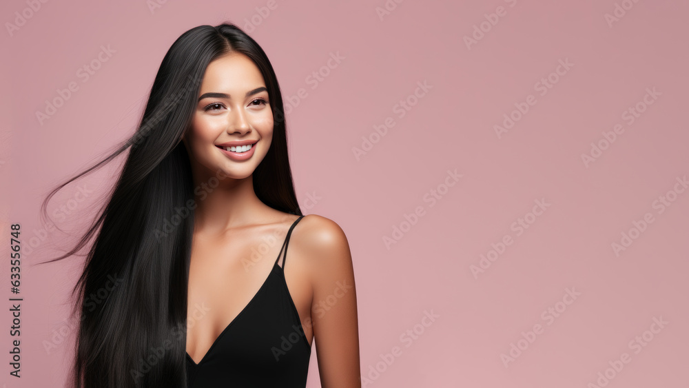 Wall mural beautiful girl with straight long black hair, treatment, care, spa, salon, shampoo, cosmetic