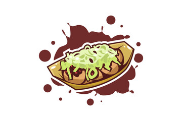 Japanese Traditional snack Takoyaki (ball-shaped Japanese snack made of a wheat flour-based batter and cooked in a special molded pan.) icon vector illustration.