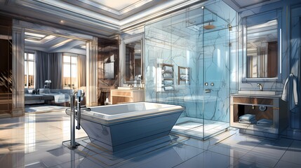 Immersive Fusion: Illustrated Architectural Design Blueprint meets 3D Rendered Reality for Breathtaking Bathroom Concepts