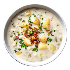 Bowl of clam chowder soup isolated on transparent or white background, png