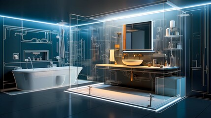 Immersive Fusion: Illustrated Architectural Design Blueprint meets 3D Rendered Reality for Breathtaking Bathroom Concepts