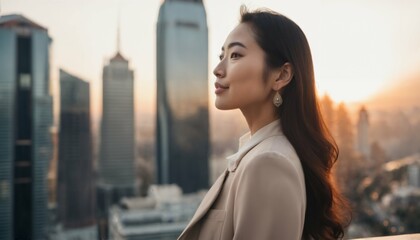 Successful asian businesswoman standing in city street, dreaming of new investments at sunset