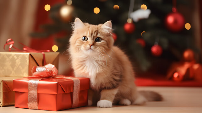 Adorable kitty with Christmas gift boxes. Cute cat in Christmas arrangement.
