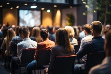 Obraz premium Business and entrepreneurship symposium. Speaker giving a talk at business meeting seminar. Audience in conference hall. Rear view of unrecognized participant in audience, Generative AI