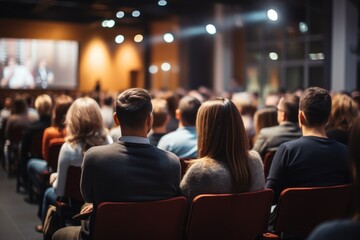 Business and entrepreneurship symposium. Speaker giving a talk at business meeting seminar. Audience in conference hall. Rear view of unrecognized participant in audience, Generative AI
