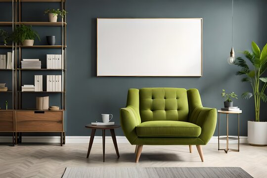 Green armchair between dandelions and plants in living room interior with copy space and gray painting