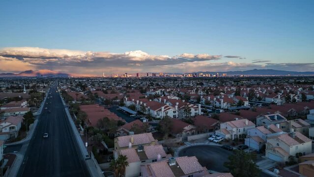Drone Soars Above Las Vegas Houses in at Morning. Drone Adventures in Las Vegas Neighborhoods. Daytime Life in Las Vegas Neighborhoods