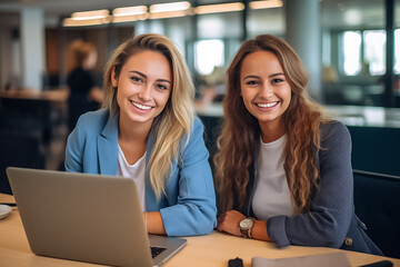 Fototapeta premium Office colleagues having casual discussion during meeting in conference room. Group of men and women sitting in conference room and smiling. Generative AI.