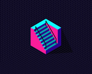 Fototapeta na wymiar grid background with 3d neon isometric hexagon cube transformation to stairs building