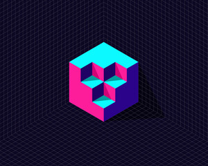 grid background with 3d neon isometric hexagon cube transformation to unique shape cut fill taken apart
