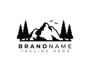 simple flat monochrome modern minimalist logo of mountain outdoor exploration activities with pine trees and birds
