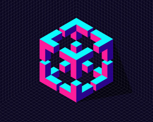 grid background with 3d neon isometric hexagon cube transformation to impossible shape