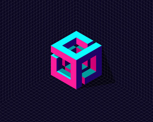 grid background with 3d neon isometric hexagon cube transformation to anagram initial letter S P O C - obrazy, fototapety, plakaty