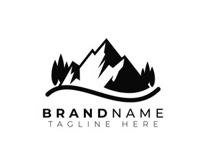 simple flat monochrome modern minimalist logo of mountain outdoor exploration activities with pine trees and river road