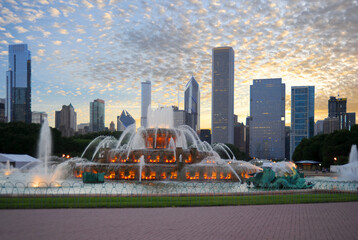 When the sun sets in the summer, a popular Chicago Fountain is especially beautiful. 