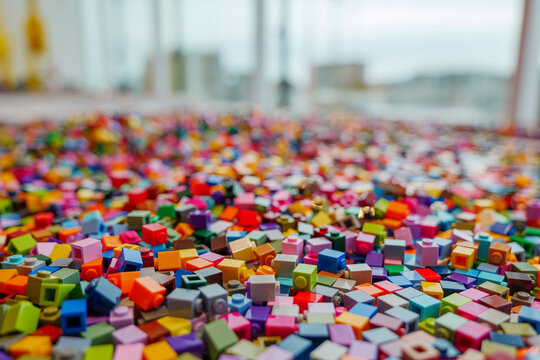 Selective focus at colorful heap of small pieces of lego blocks at Lego House in Billund, Denmark.