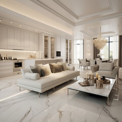 Interior of modern white elegant living room in big house. Created using generative AI