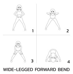 Fototapeta na wymiar Wide-Legged Seated Forward Bend Yoga Manga Tutorial How Cartoon Vector Illustration Black and White Coloring