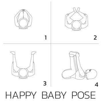 Happy Baby Pose Yoga Manga Tutorial How Black and White Cartoon Vector Illustration