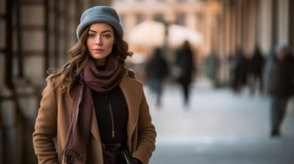 A fashion-forward woman strutting confidently in her winter attire, proving that style and elegance can thrive even in chilly weather. 