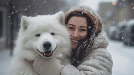 A heartwarming picture of a woman embracing a fluffy white dog, their affectionate bond radiating warmth on a snowy day. 