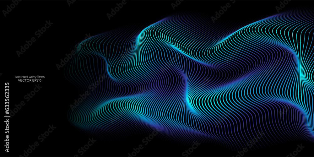 Poster 3D Vector wave lines pattern smooth curve flowing dynamic blue green gradient light isolated on black background for concept technology, digital, communication, science, music.