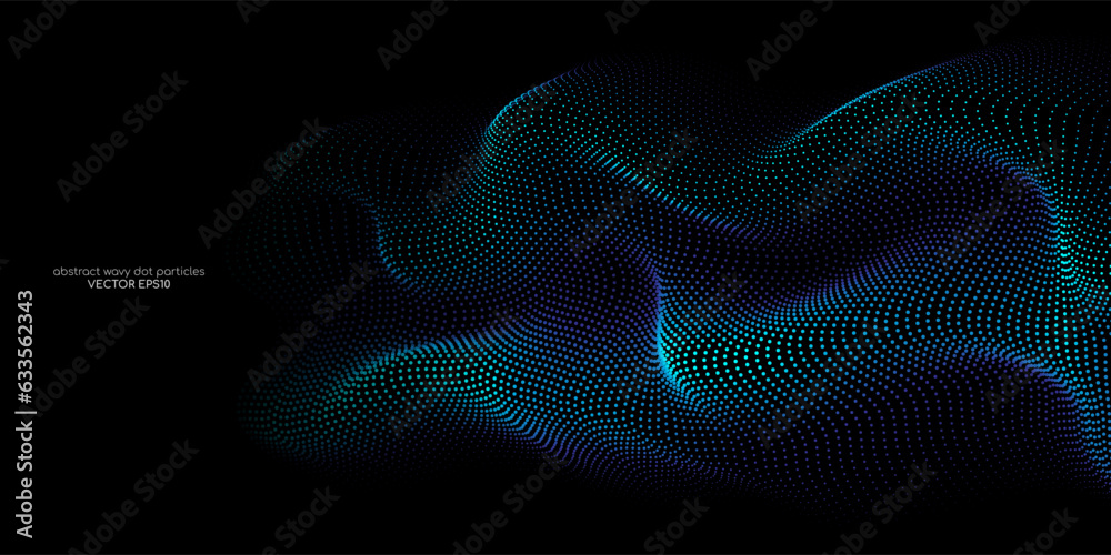 Poster flowing dot particles wave pattern blue and green gradient light isolated on black background. vecto