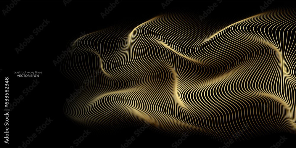 Aufkleber 3D Vector wave lines pattern smooth curve flowing dynamic gold gradient light isolated on black background for concept of luxury, technology, digital, communication, science, music.