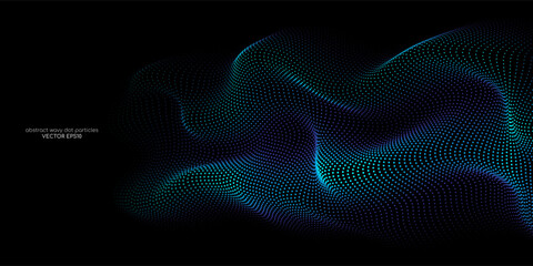 Flowing dot particles wave pattern blue and green gradient light isolated on black background. Vector in concept of AI technology, science, music. - 633562343