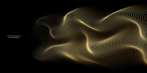 3D Vector wave lines pattern smooth curve flowing dynamic gold gradient light isolated on black background for concept of luxury, technology, digital, communication, science, music. - 633562348