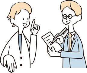Fototapeta premium 打ち合わせをする女性会社員と男性会社員のイラスト素材