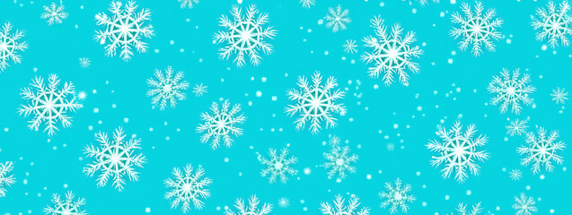 abstract winter christmas background of levitating snowflakes on light blue background, banner festive design created with generative ai technology