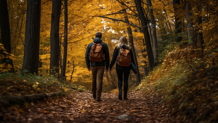 Happy young couple hiking in the fall