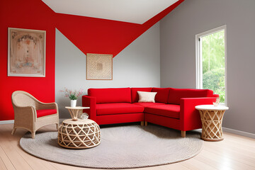 Cozy living room interior with round table on gray carpet, rattan armchair and red corner sofa. Modern living room