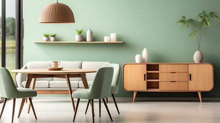 Chairs at round wooden dining table in room with sofa and cabinet near green wall. Scandinavian, mid-century home interior design of modern living room. , Generated ai
