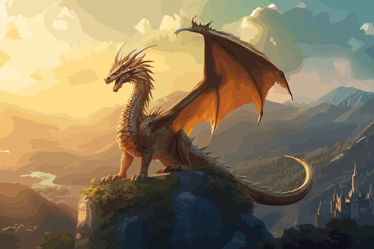 2  A majestic dragon perched on a cliff overlooking a misty valley, medium digital painting, style reminiscent of classic fantasy illustrations, lighting soft dawn light with shado 