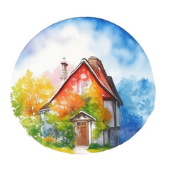 Watercolor English country house with 4 seasons